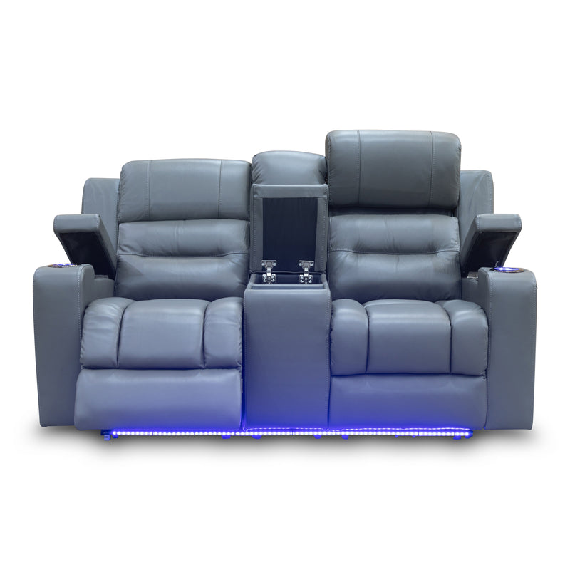 The Toronto Two Seat Dual-Motor Recliner Theatre Lounge - Storm Leather available to purchase from Warehouse Furniture Clearance at our next sale event.