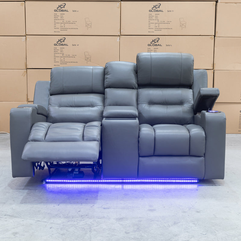 The Toronto Two Seat Dual-Motor Recliner Theatre Lounge - Storm Leather available to purchase from Warehouse Furniture Clearance at our next sale event.