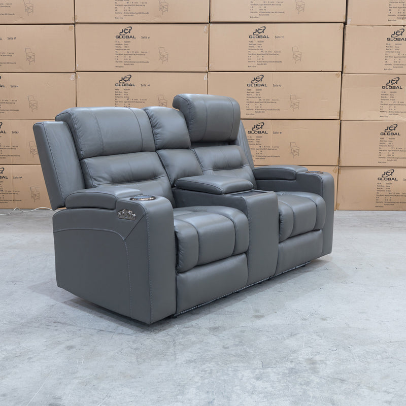 The Toronto Two Seat Dual-Motor Recliner Theatre Lounge - Storm Leather available to purchase from Warehouse Furniture Clearance at our next sale event.