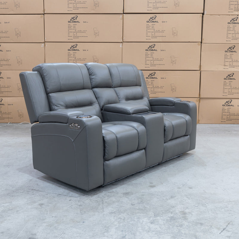 The Toronto Two Seat Dual-Motor Recliner Theatre Lounge - Storm Leather available to purchase from Warehouse Furniture Clearance at our next sale event.