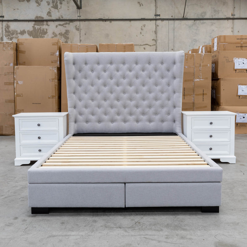The Macon Queen Fabric Storage Bed - Light Grey available to purchase from Warehouse Furniture Clearance at our next sale event.