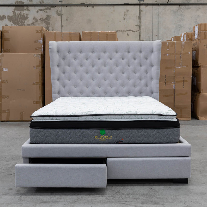 The Macon Queen Fabric Storage Bed - Light Grey available to purchase from Warehouse Furniture Clearance at our next sale event.