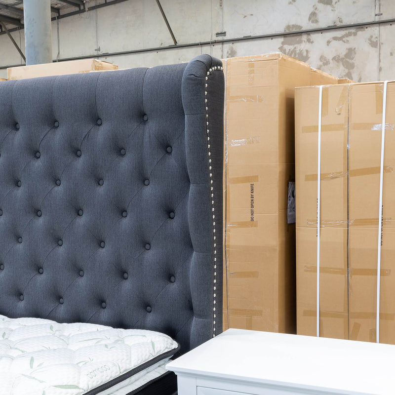 The Macon King Fabric Storage Bed - Deluxe Grey available to purchase from Warehouse Furniture Clearance at our next sale event.