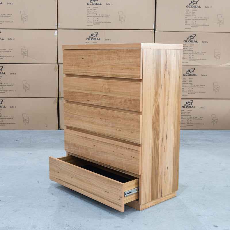 The Denver Messmate Hardwood 5 Drawer Tallboy available to purchase from Warehouse Furniture Clearance at our next sale event.
