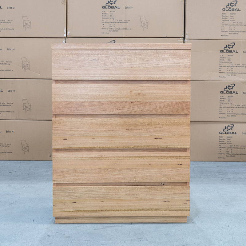 The Denver Messmate Hardwood 5 Drawer Tallboy available to purchase from Warehouse Furniture Clearance at our next sale event.