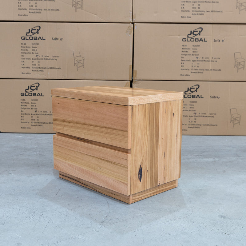 The Denver Messmate Hardwood 2 Drawer Bedside Table available to purchase from Warehouse Furniture Clearance at our next sale event.