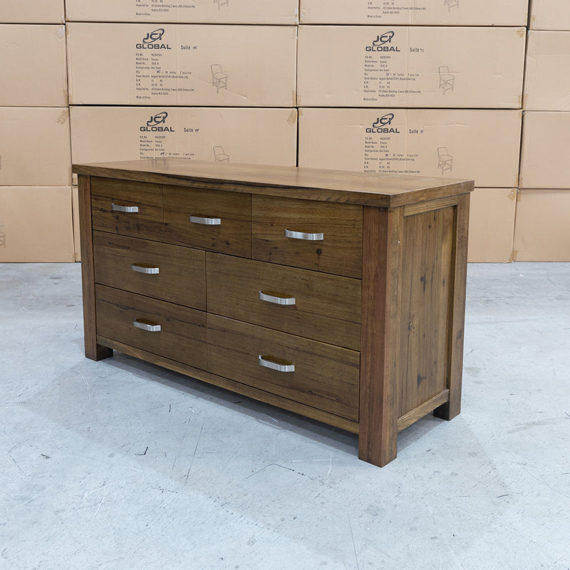 The Pioneer Wormy Chestnut Hardwood Dresser & Mirror available to purchase from Warehouse Furniture Clearance at our next sale event.