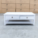 The Sorrento 2 Drawer Hardwood Coffee Table available to purchase from Warehouse Furniture Clearance at our next sale event.