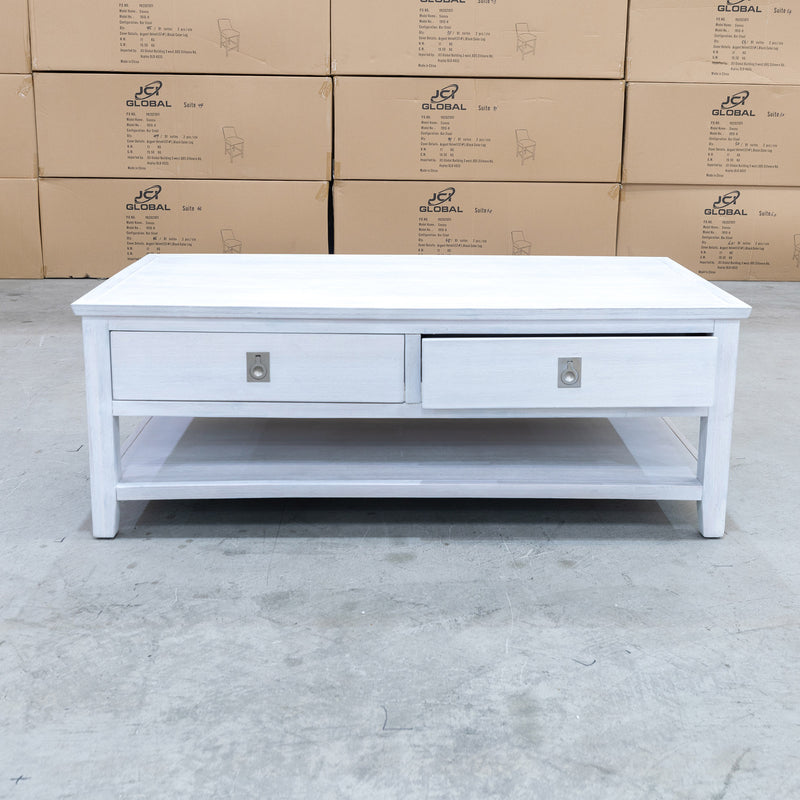 The Sorrento 2 Drawer Hardwood Coffee Table available to purchase from Warehouse Furniture Clearance at our next sale event.