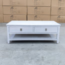 The Sorrento 2 Drawer Hardwood Coffee Table available to purchase from Warehouse Furniture Clearance at our next sale event.