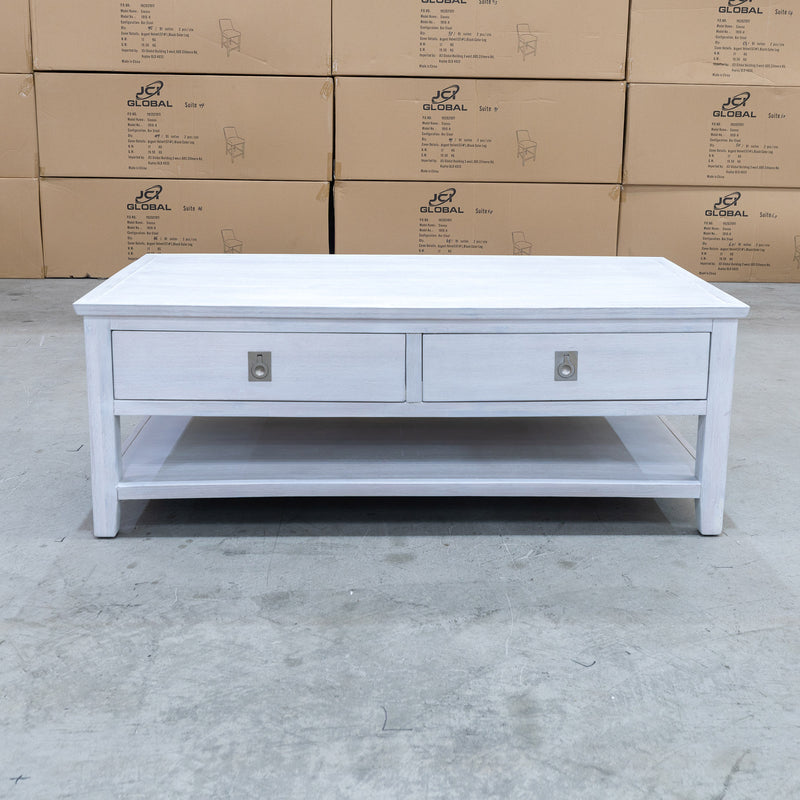 The Sorrento 2 Drawer Hardwood Coffee Table available to purchase from Warehouse Furniture Clearance at our next sale event.