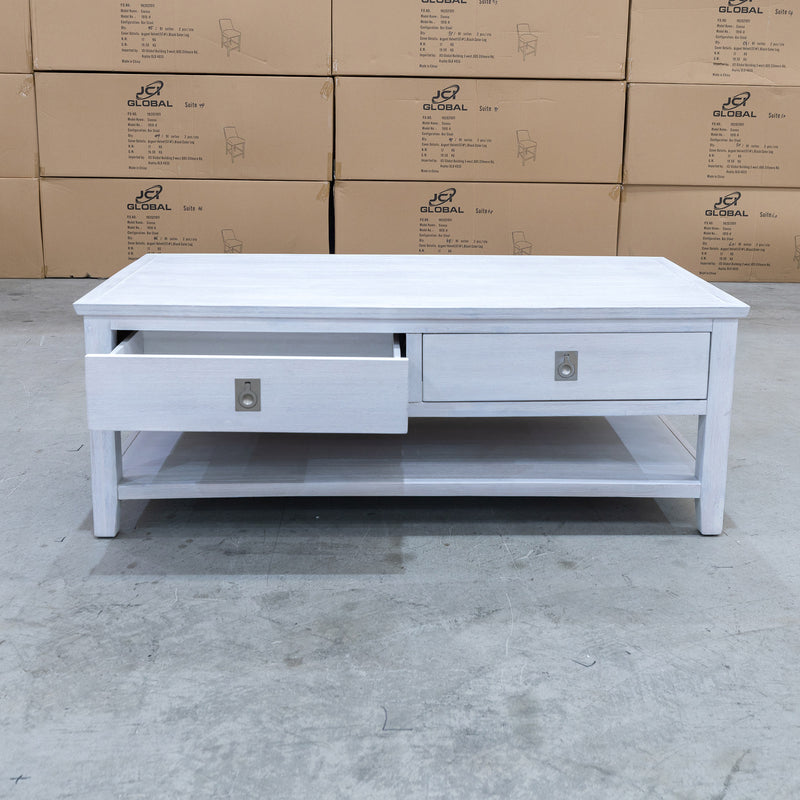 The Sorrento 2 Drawer Hardwood Coffee Table available to purchase from Warehouse Furniture Clearance at our next sale event.