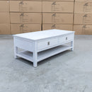 The Sorrento 2 Drawer Hardwood Coffee Table available to purchase from Warehouse Furniture Clearance at our next sale event.