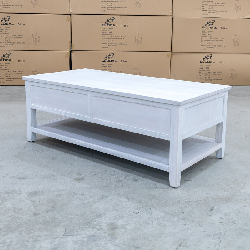 The Sorrento 2 Drawer Hardwood Coffee Table available to purchase from Warehouse Furniture Clearance at our next sale event.