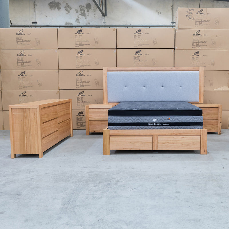 The Teneriffe 3pce Queen Messmate Timber Storage Bed Suite available to purchase from Warehouse Furniture Clearance at our next sale event.