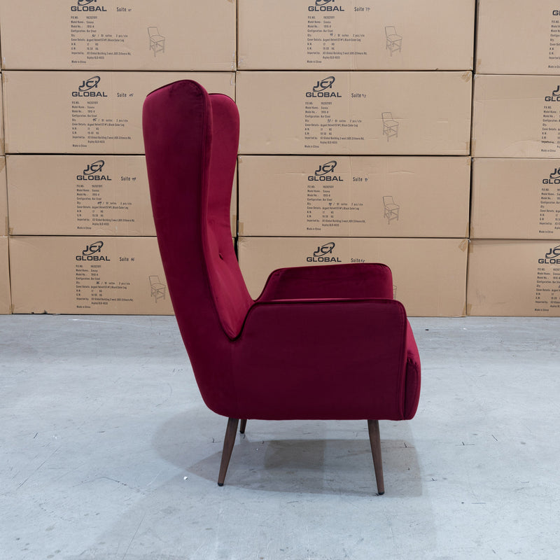 The Sebastian Accent Chair – Maroon Velvet available to purchase from Warehouse Furniture Clearance at our next sale event.