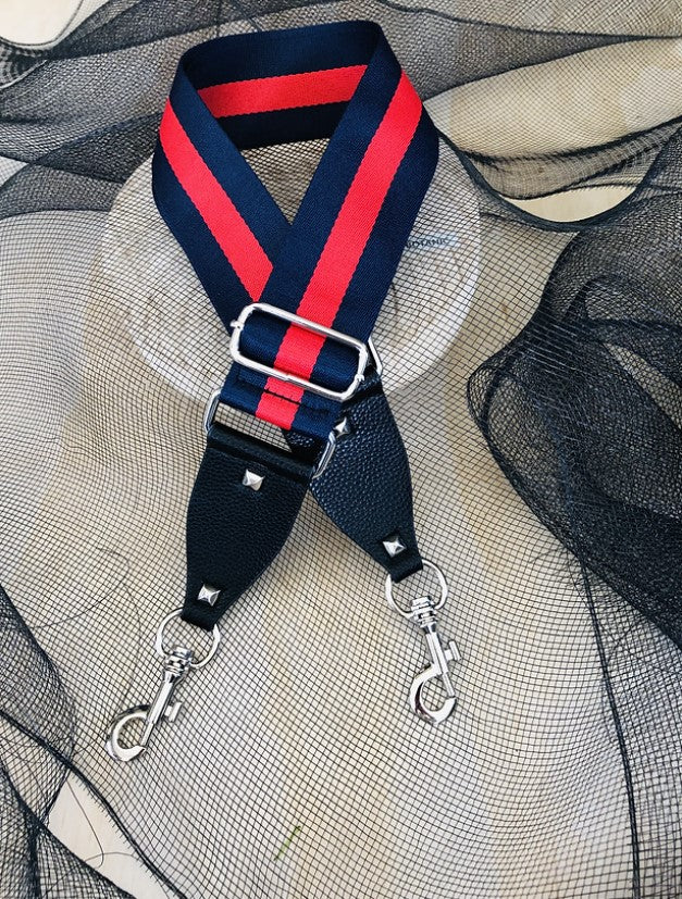 The Navy & Red Stripe - Bag Strap - Silver Hardware available to purchase from Warehouse Furniture Clearance at our next sale event.