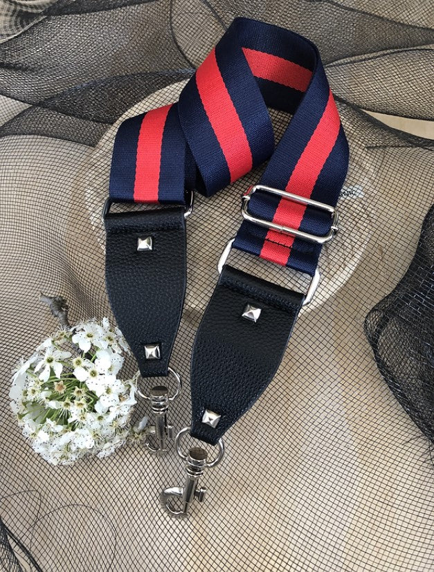 The Navy & Red Stripe - Bag Strap - Silver Hardware available to purchase from Warehouse Furniture Clearance at our next sale event.
