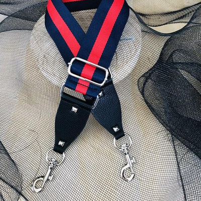 The Navy & Red Stripe - Bag Strap - Gold Hardware available to purchase from Warehouse Furniture Clearance at our next sale event.