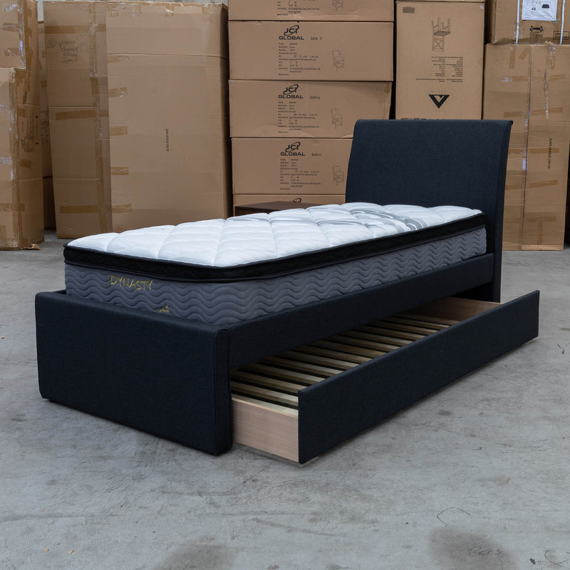The York King Single Fabric Trundle Bed - Charcoal (Reversible Trundle) available to purchase from Warehouse Furniture Clearance at our next sale event.
