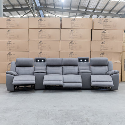 The Venus Four Seat Dual-Motor Recliner Theatre - Ash available to purchase from Warehouse Furniture Clearance at our next sale event.