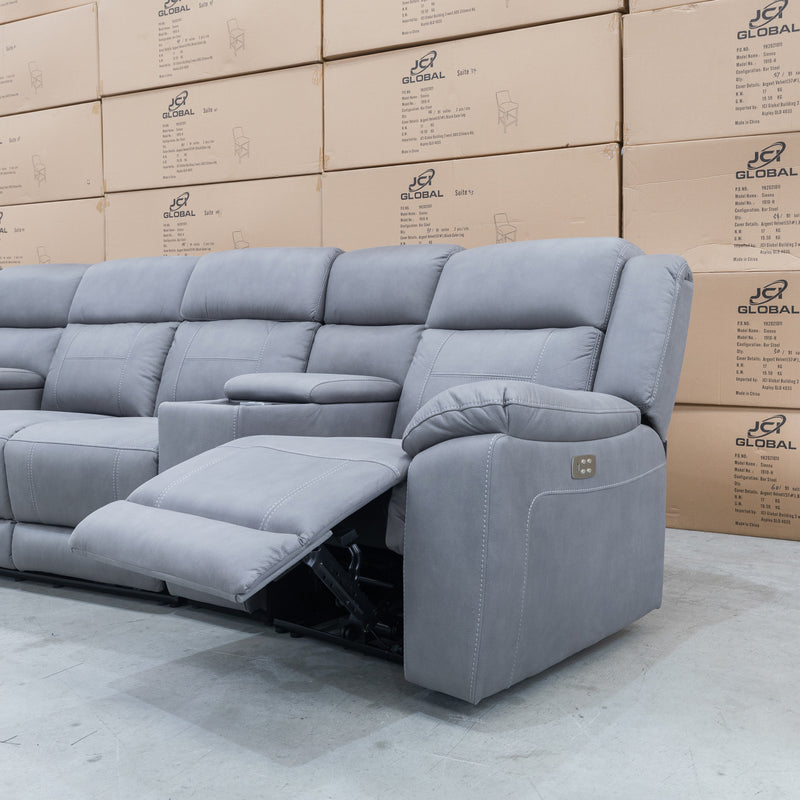 The Venus Four Seat Dual-Motor Recliner Theatre - Ash available to purchase from Warehouse Furniture Clearance at our next sale event.