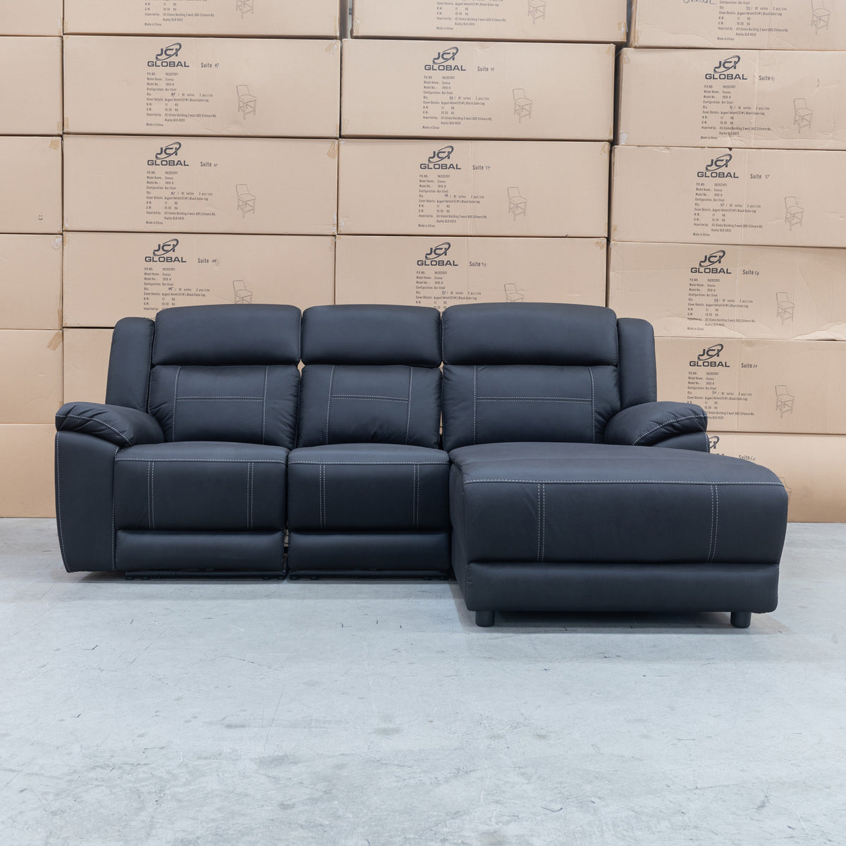 The Venus Three Seater Dual-Motor Chaise Recliner Lounge - Jet - Available After 12th October available to purchase from Warehouse Furniture Clearance at our next sale event.