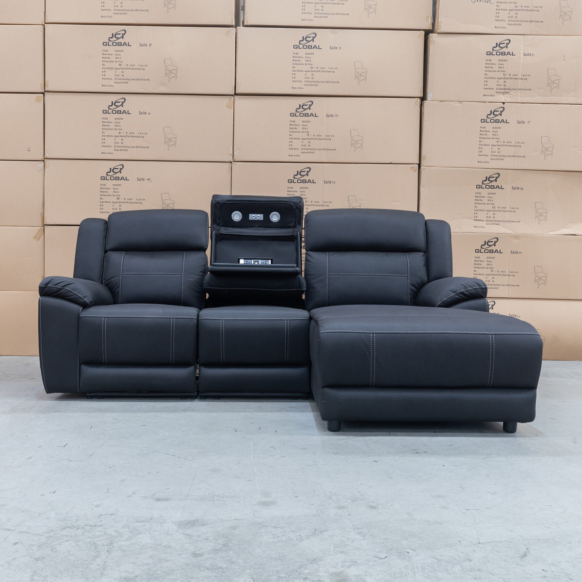 The Venus Three Seater Dual-Motor Chaise Recliner Lounge - Jet - Available After 12th October available to purchase from Warehouse Furniture Clearance at our next sale event.