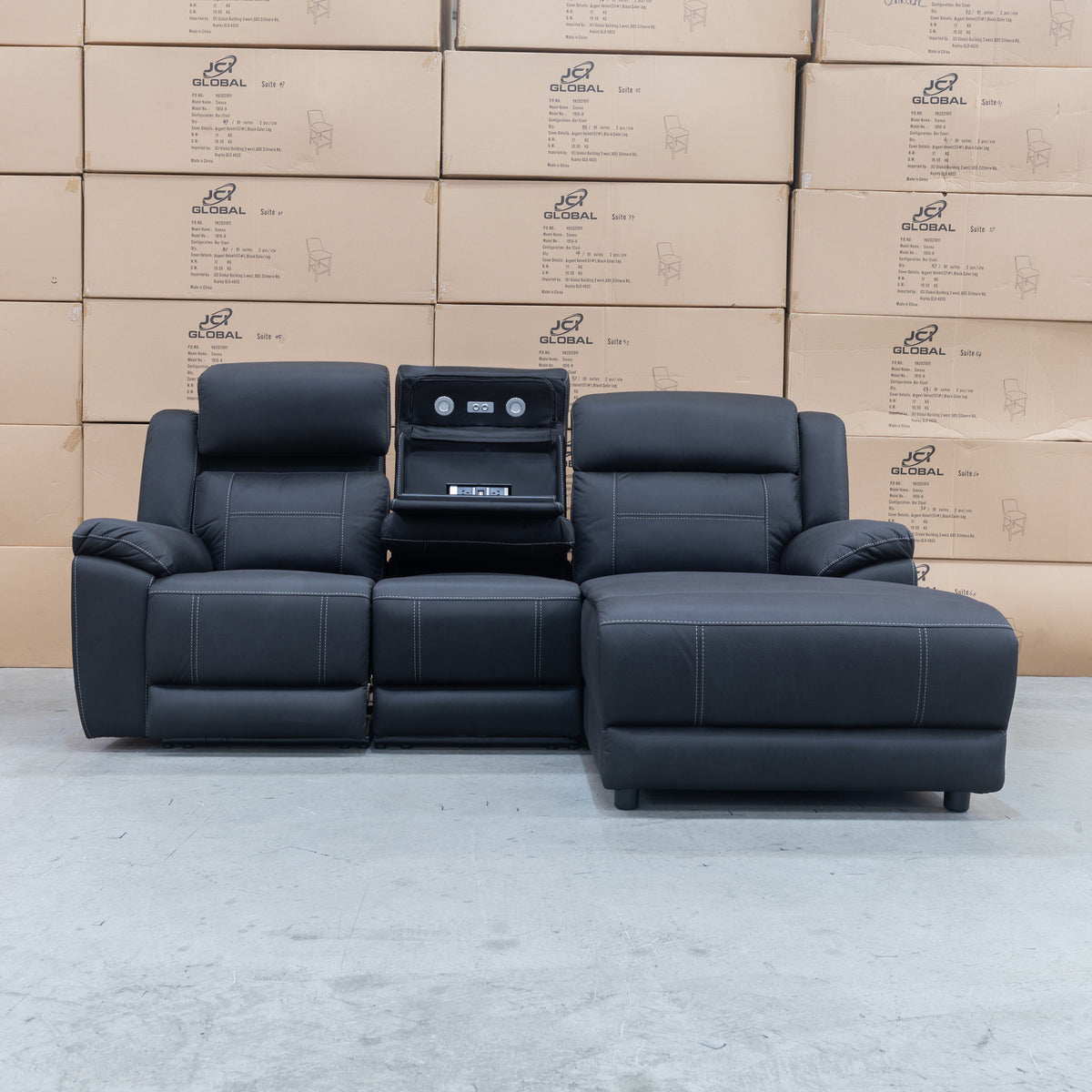 The Venus Three Seater Dual-Motor Chaise Recliner Lounge - Jet - Available After 12th October available to purchase from Warehouse Furniture Clearance at our next sale event.