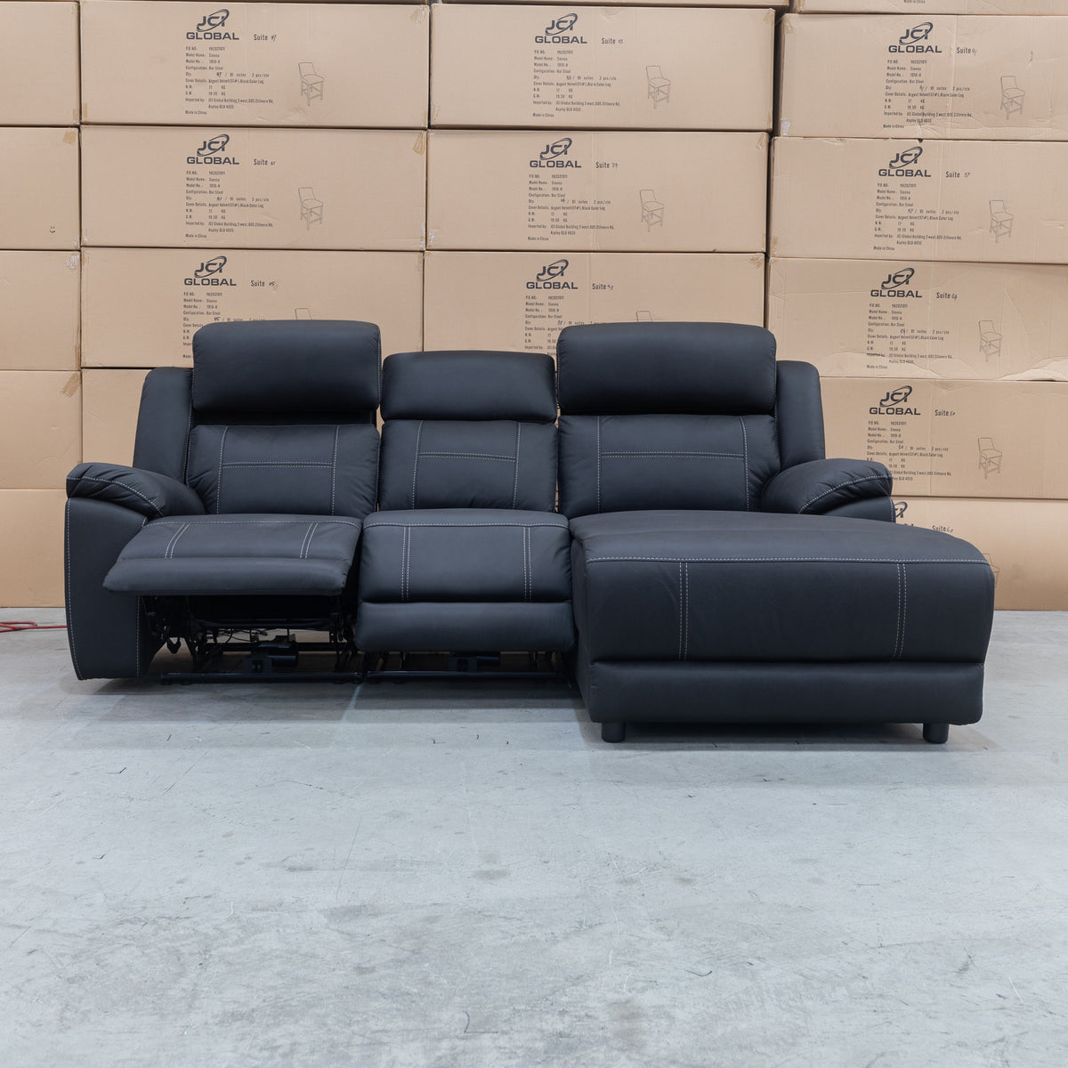 The Venus Three Seater Dual-Motor Chaise Recliner Lounge - Jet - Available After 12th October available to purchase from Warehouse Furniture Clearance at our next sale event.
