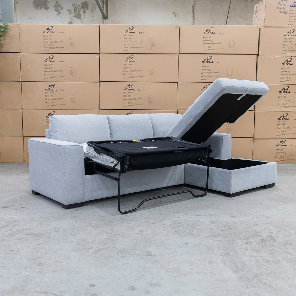 The Oakland Sofa Bed with RHF Storage Chaise - Silver available to purchase from Warehouse Furniture Clearance at our next sale event.