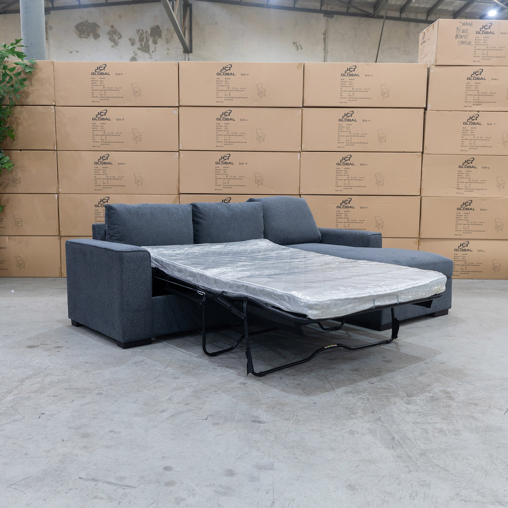 The Oakland Sofa Bed with RHF Storage Chaise - Charcoal available to purchase from Warehouse Furniture Clearance at our next sale event.