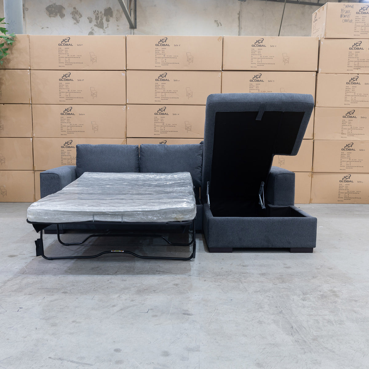 The Oakland Sofa Bed with RHF Storage Chaise - Charcoal available to purchase from Warehouse Furniture Clearance at our next sale event.