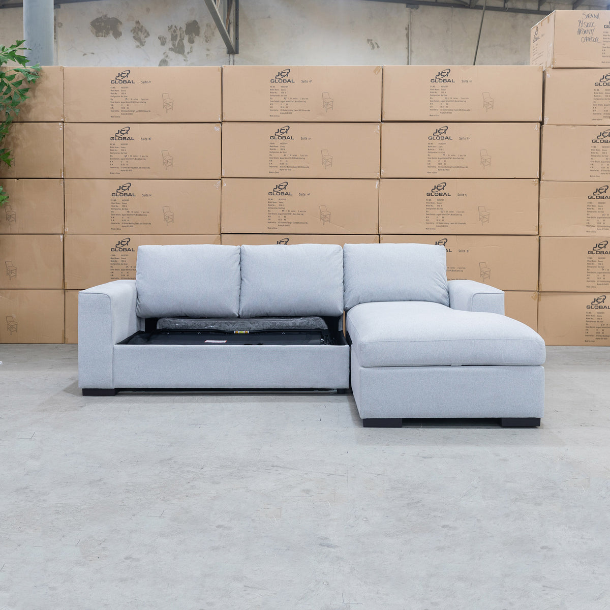 The Oakland Sofa Bed with RHF Storage Chaise - Silver available to purchase from Warehouse Furniture Clearance at our next sale event.