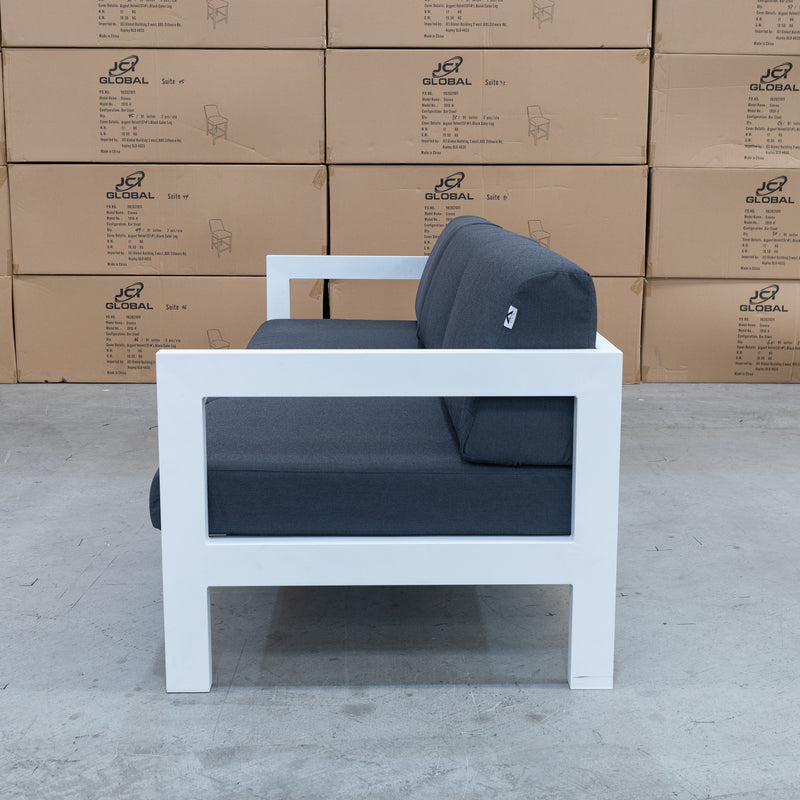 The Artemis Outdoor Three Seat Sofa - White/Dark Grey available to purchase from Warehouse Furniture Clearance at our next sale event.