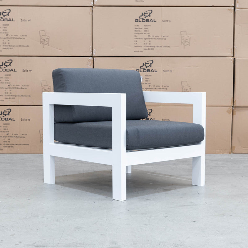 The Artemis Outdoor Armchair - White/Dark Grey available to purchase from Warehouse Furniture Clearance at our next sale event.