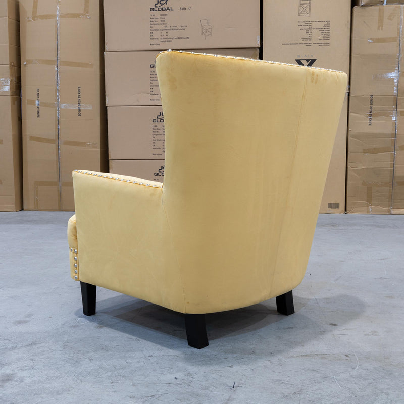 The Charlotte Accent Chair – Mustard Velvet available to purchase from Warehouse Furniture Clearance at our next sale event.