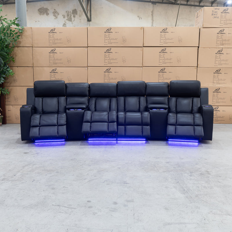 The Remi 4 Recliner Dual-Motor Electric Theatre Lounge - Black Leather available to purchase from Warehouse Furniture Clearance at our next sale event.