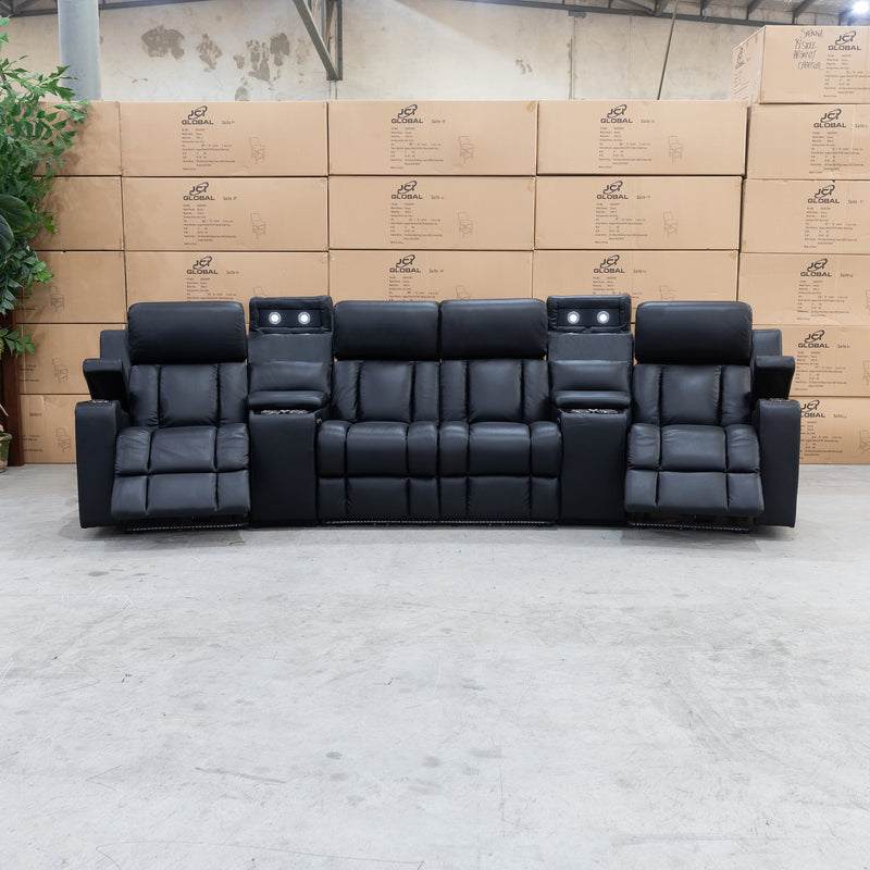 The Remi 4 Recliner Dual-Motor Electric Theatre Lounge - Black Leather available to purchase from Warehouse Furniture Clearance at our next sale event.