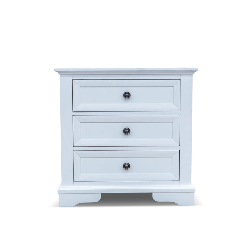 The Sala 3 Drawer Hardwood Bedside available to purchase from Warehouse Furniture Clearance at our next sale event.