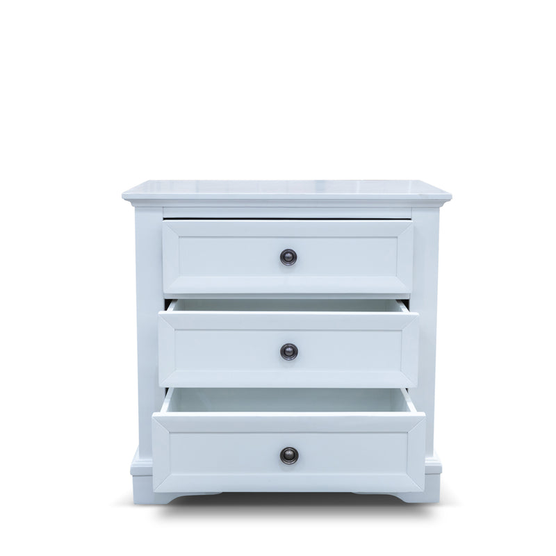 The Sala 3 Drawer Hardwood Bedside available to purchase from Warehouse Furniture Clearance at our next sale event.