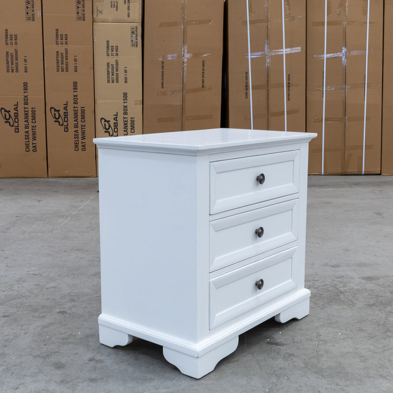 The Sala 3 Drawer Hardwood Bedside available to purchase from Warehouse Furniture Clearance at our next sale event.