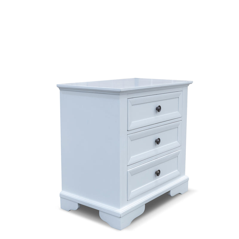 The Sala 3 Drawer Hardwood Bedside available to purchase from Warehouse Furniture Clearance at our next sale event.