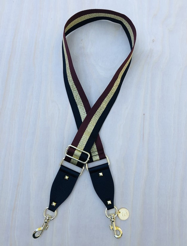 The Black, Gold & Brown Strip - Bag Strap - Gold Hardware available to purchase from Warehouse Furniture Clearance at our next sale event.