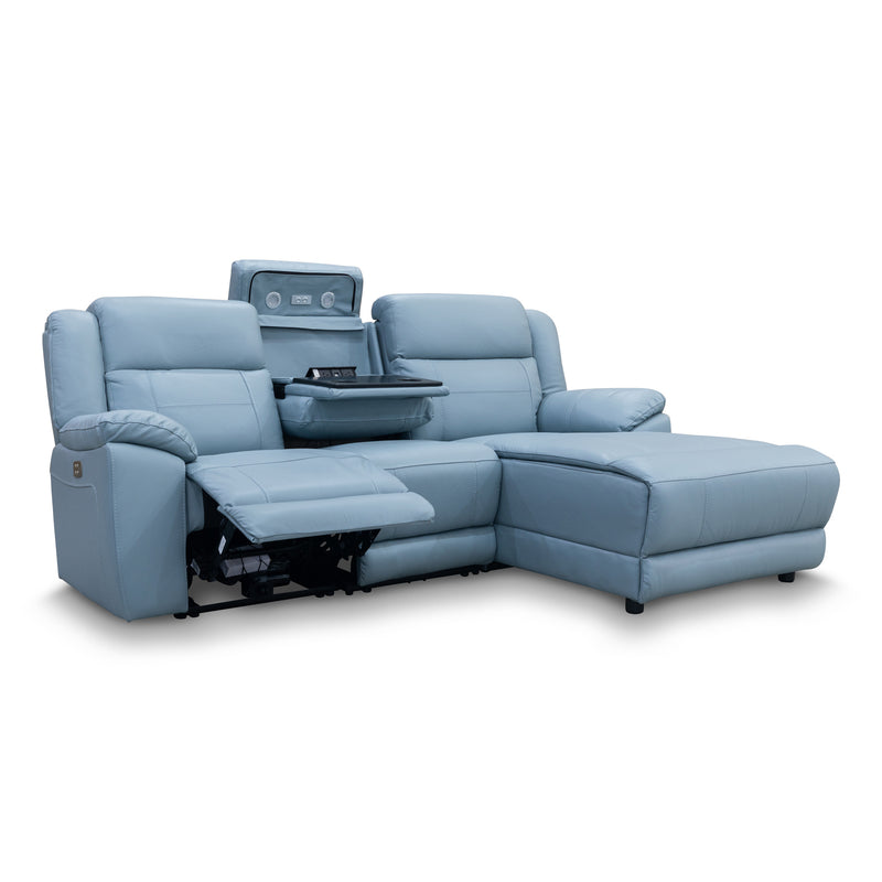 The Venus Three Seater Dual-Electric Chaise Recliner Lounge - Ice Blue Leather available to purchase from Warehouse Furniture Clearance at our next sale event.