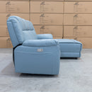 The Venus Three Seater Dual-Electric Chaise Recliner Lounge - Ice Blue Leather available to purchase from Warehouse Furniture Clearance at our next sale event.