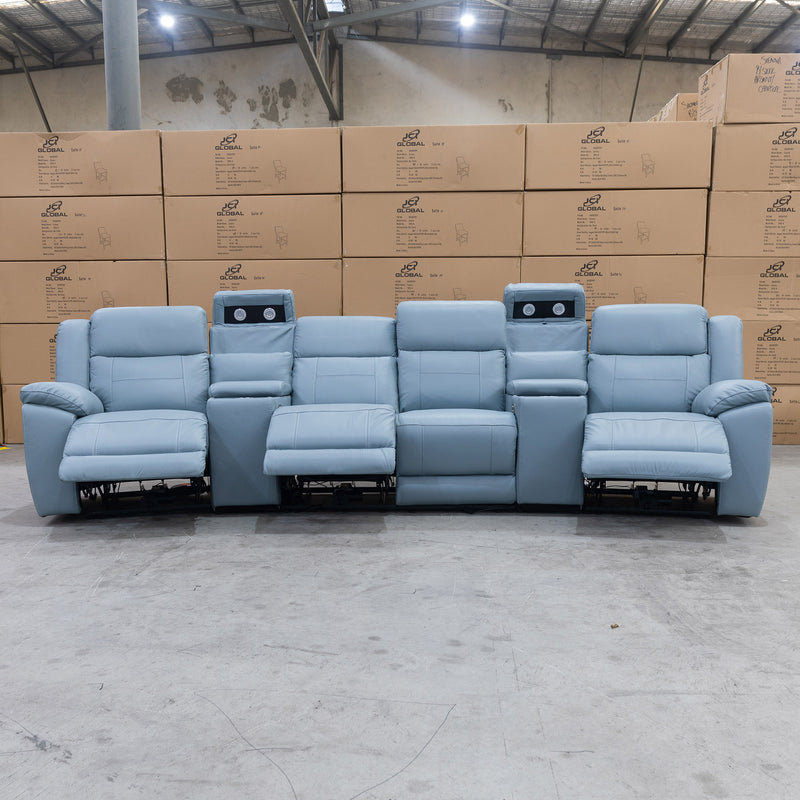 The Venus Four Seat Dual-Electric Recliner Theatre - Ice Blue Leather available to purchase from Warehouse Furniture Clearance at our next sale event.