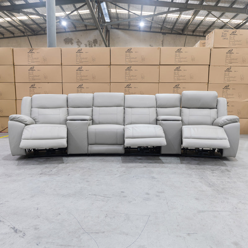 The Venus Four Seat Dual-Electric Recliner Theatre - Dove Leather - Available After 10th April available to purchase from Warehouse Furniture Clearance at our next sale event.