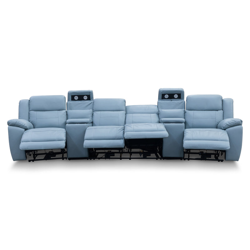 The Venus Four Seat Dual-Electric Recliner Theatre - Ice Blue Leather available to purchase from Warehouse Furniture Clearance at our next sale event.
