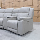 The Venus Four Seat Dual-Electric Recliner Theatre - Dove Leather available to purchase from Warehouse Furniture Clearance at our next sale event.